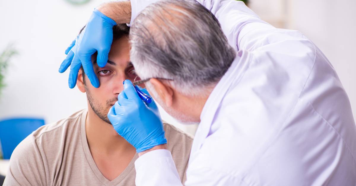 A male ophthalmologist wearing blue gloves evaluating a patient's eye to diagnose an ocular condition.